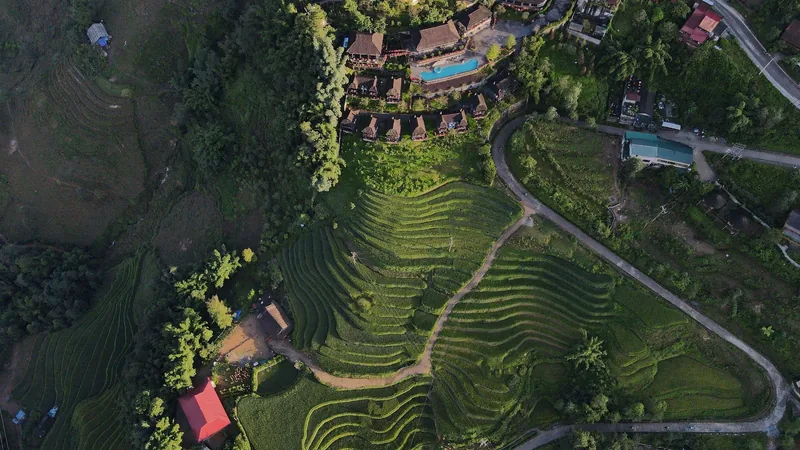 Aerial view of terraced tea fields curving beside a hillside resort with pool near Sapa, Vietnam.